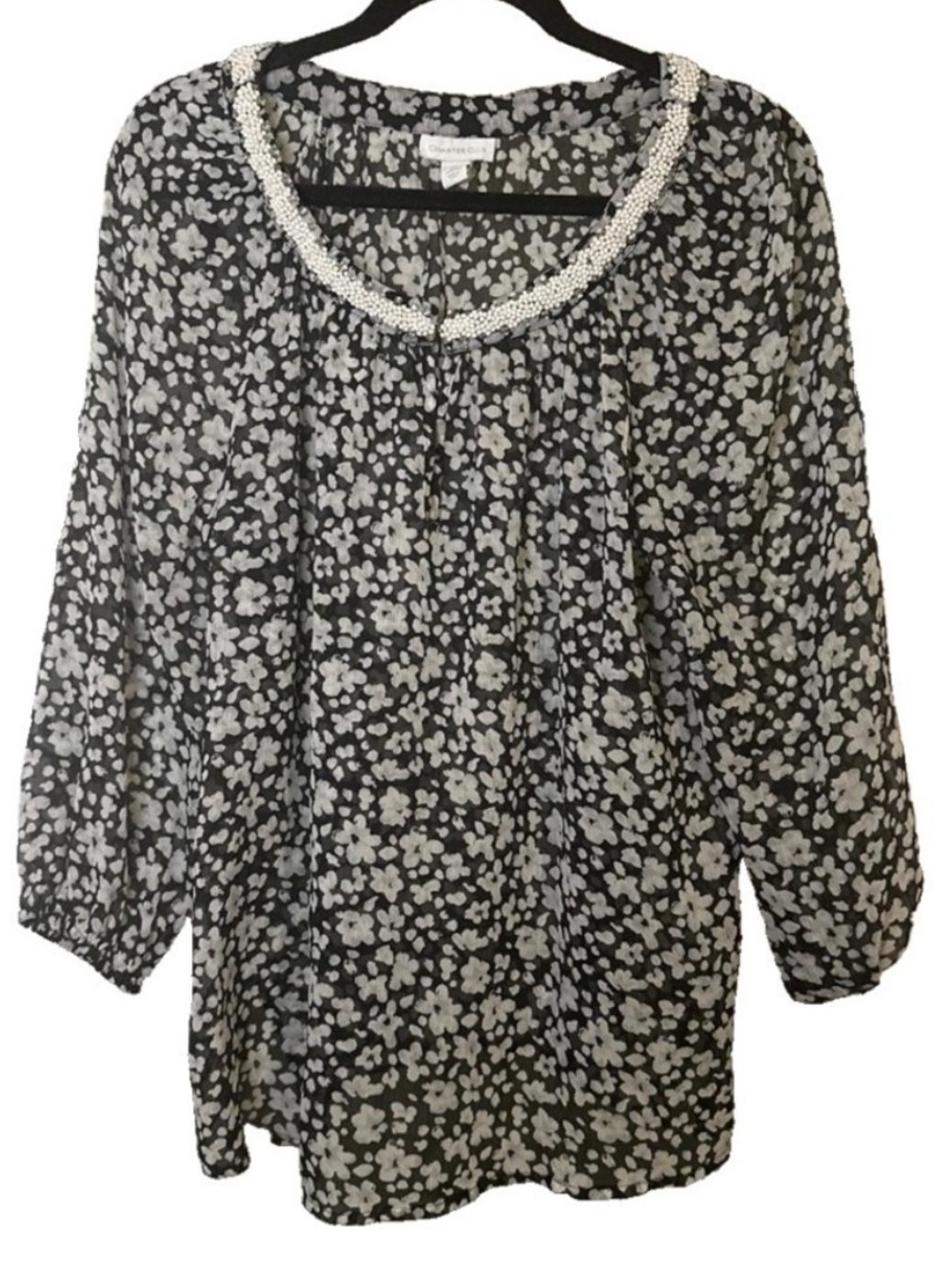 CHARTER CLUB Beaded-Trim Black & White Floral Women’s Blouse